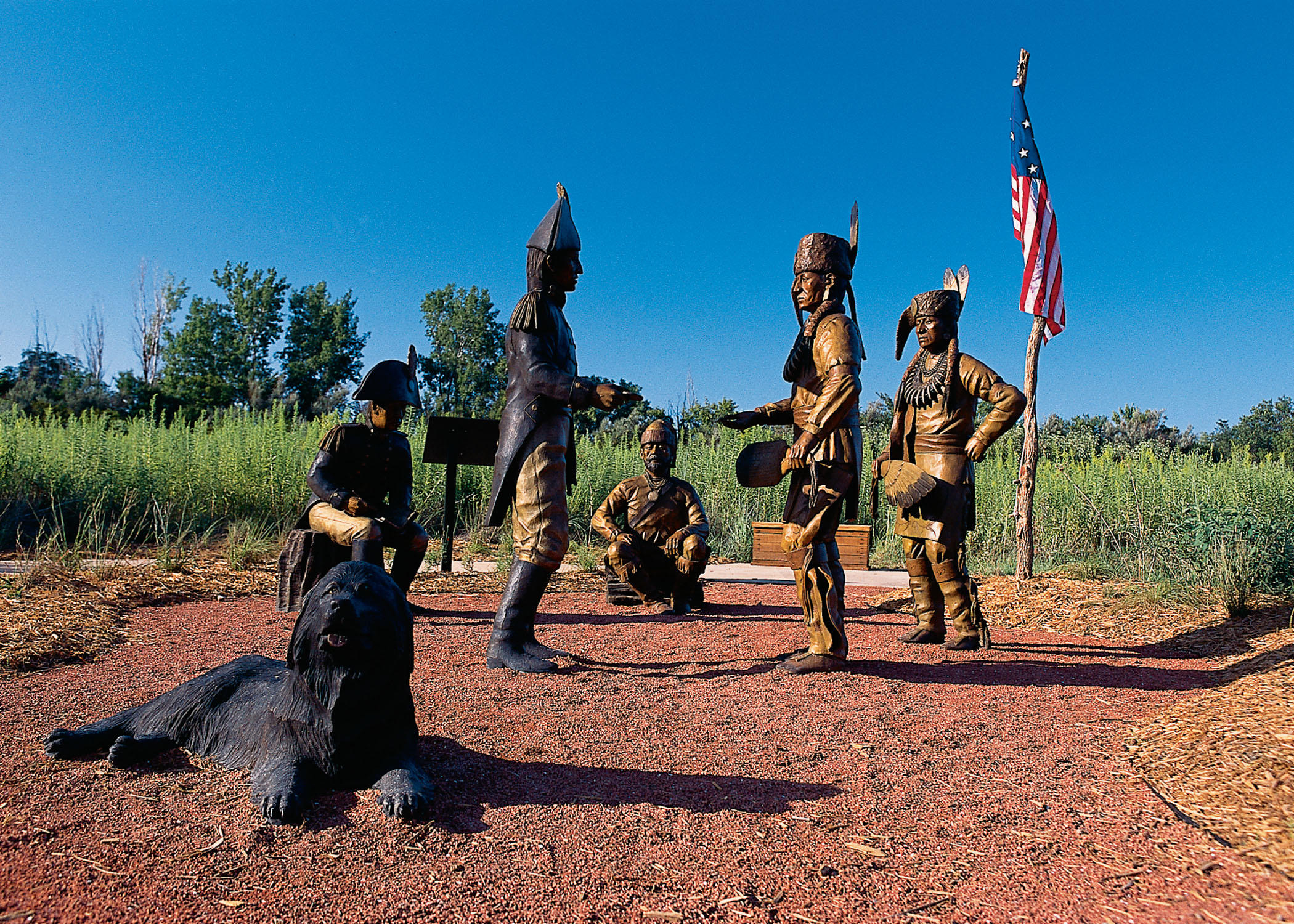 Statues at Fort Atkinson State Park of Lewis and Clark's "First Council" meeting with leaders of the Missouria-Oto tribes.