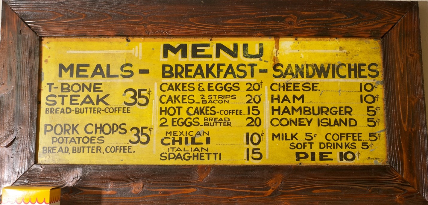 Original menu hanging on the wall at Coney Island Lunch Room in Grand Island.