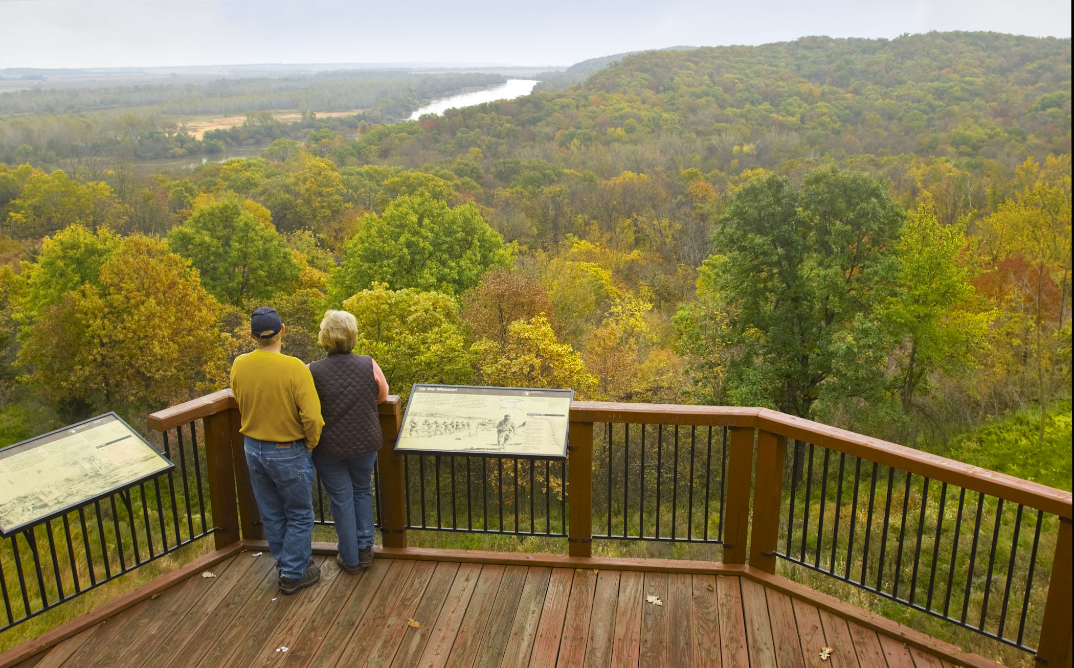 A couple on the overlook deck at Indian Cave State Park in Shubert.