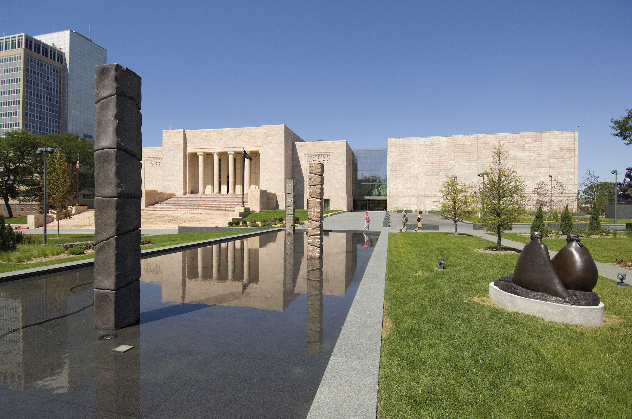 A water feature and sculptures at the Peter Kiewit Foundation Sculpture Garden at The Joslyn in Omaha.