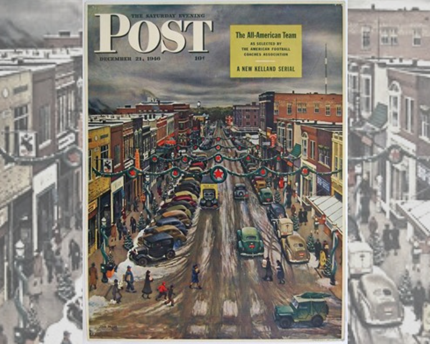 Illustrated Christmas cover of Falls City on The Saturday Evening Post. Photo by  John Phillip Falter