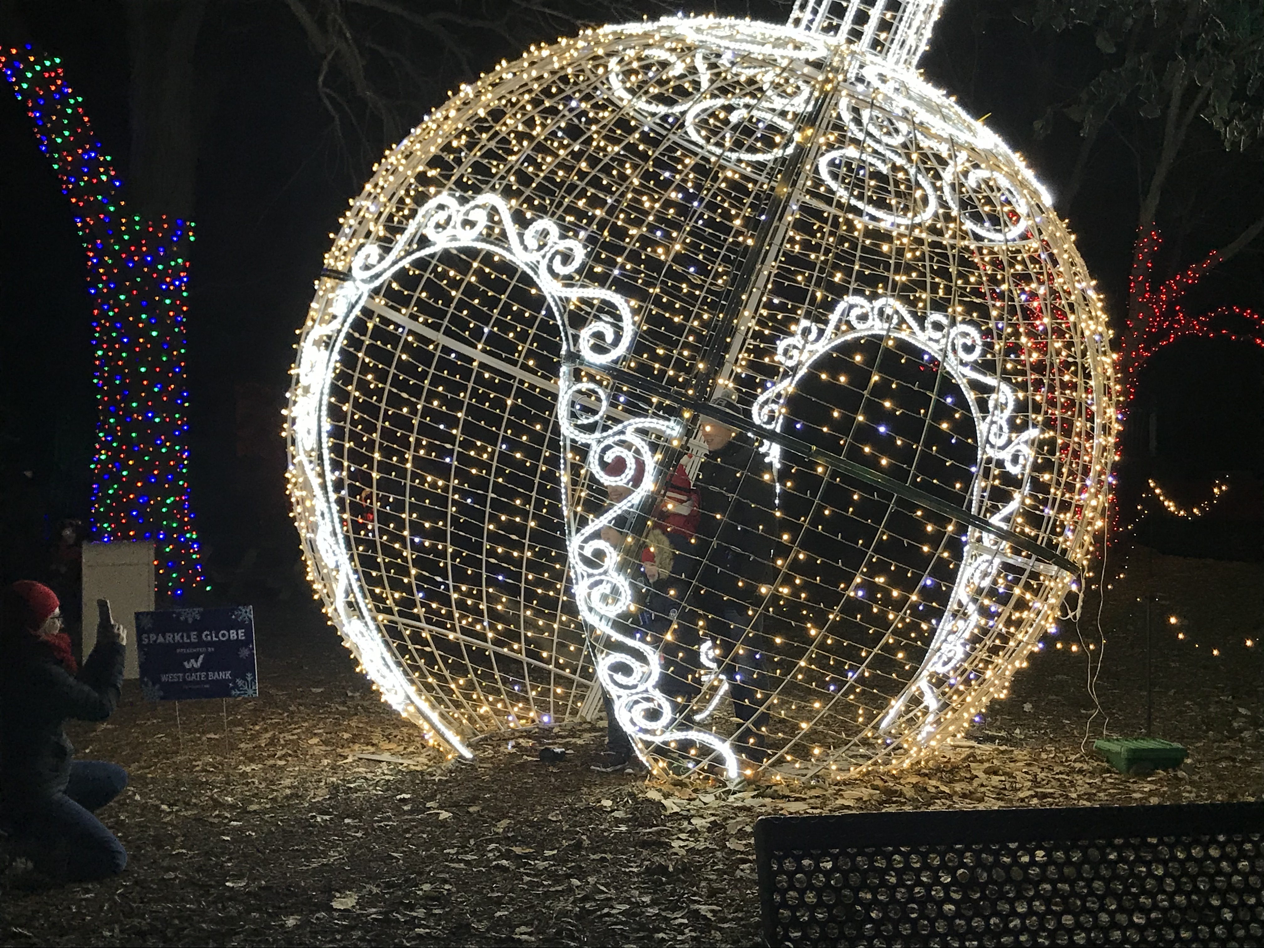 A woman snapping a photo of the holiday displays at Zoo Lights.