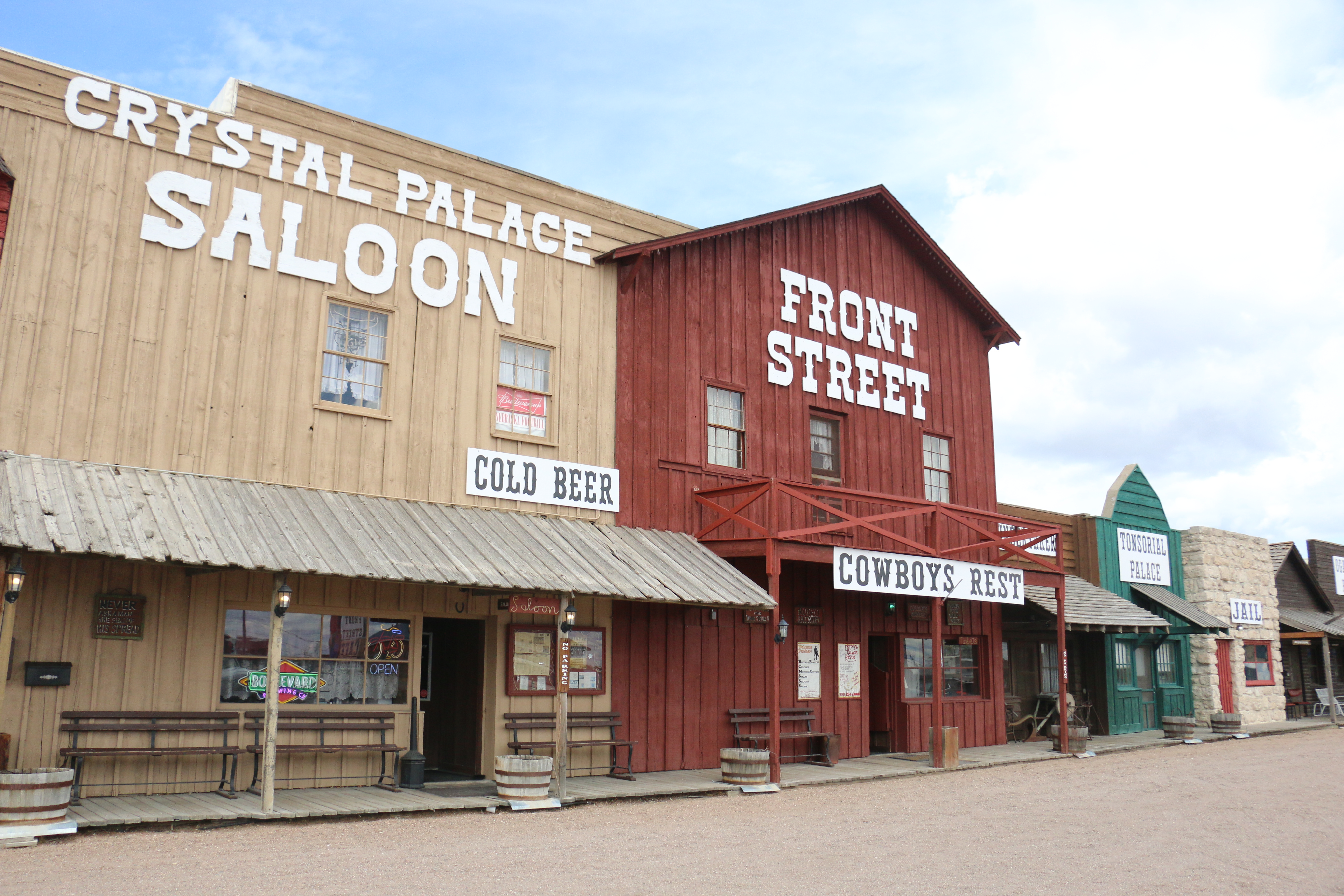 The Old West exterior of Front Street & Crystal Palace Saloon.