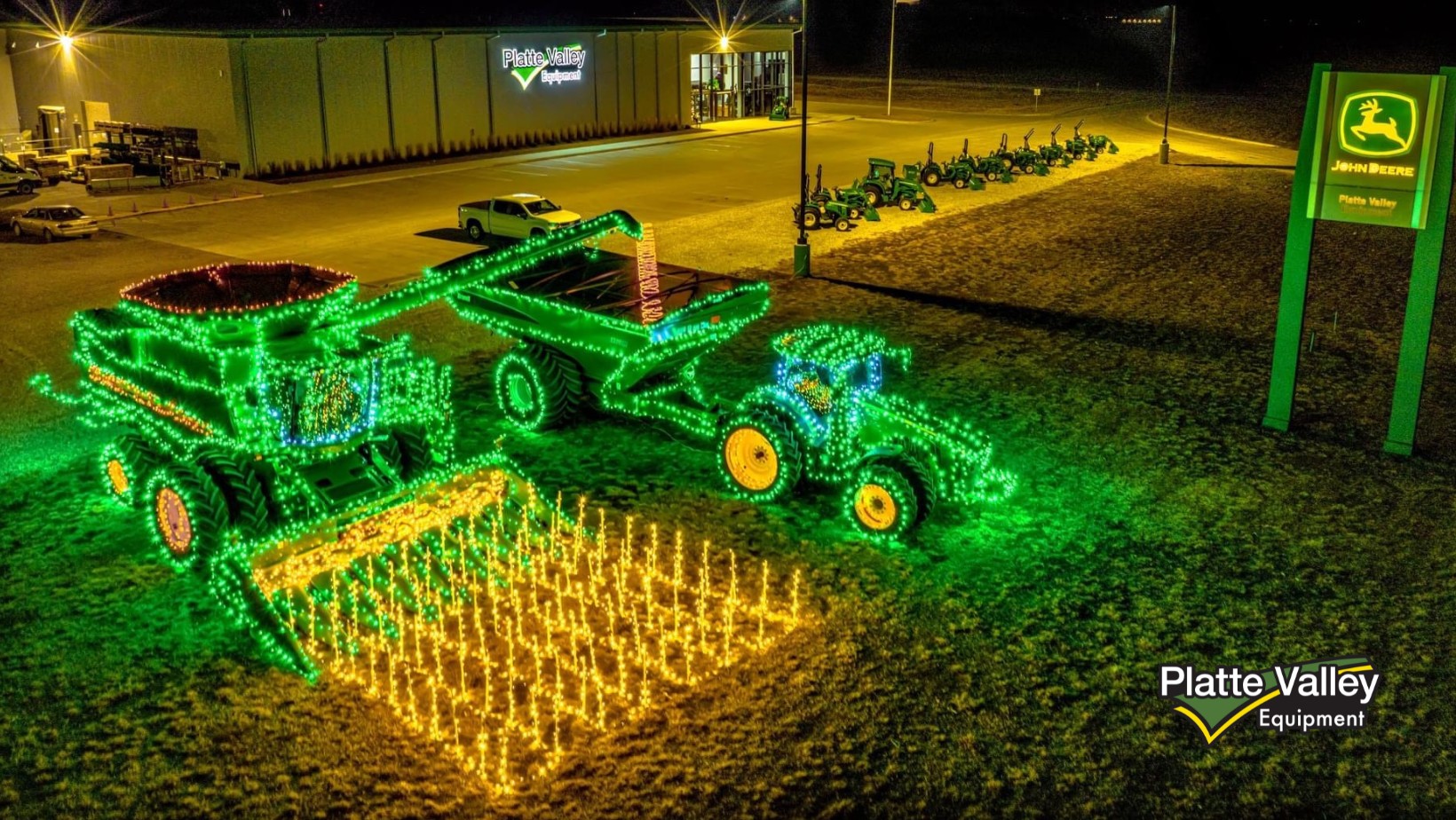 Platte Valley Equipment decorated in holiday lights.