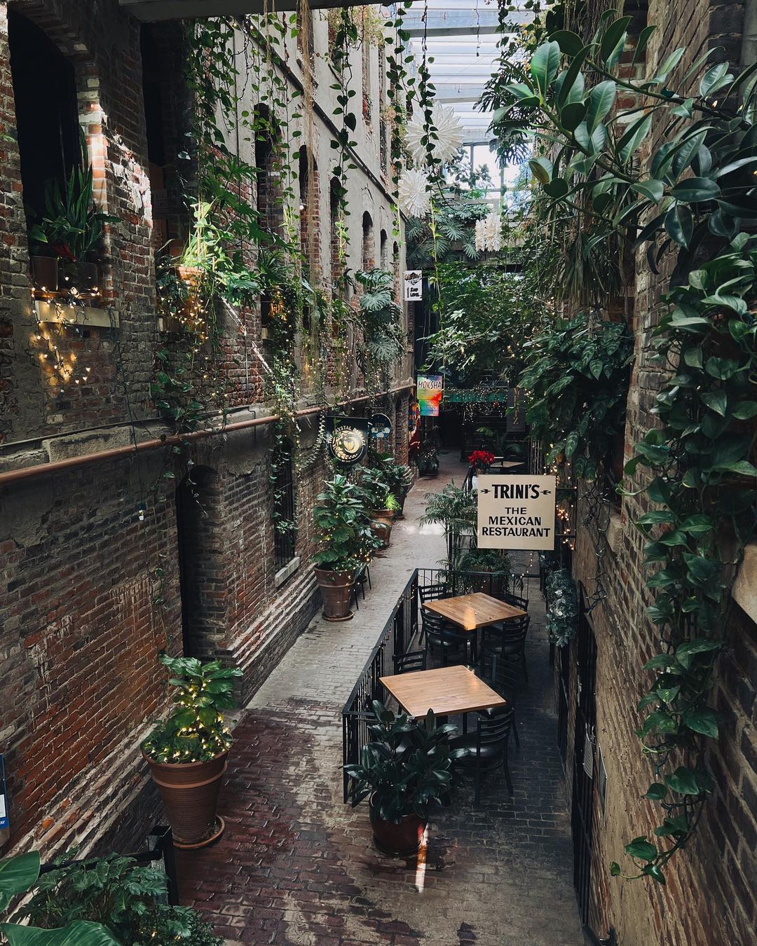 An ally covered in greenery with shops and restaurants lining the walkway in Omaha's Old Market District.