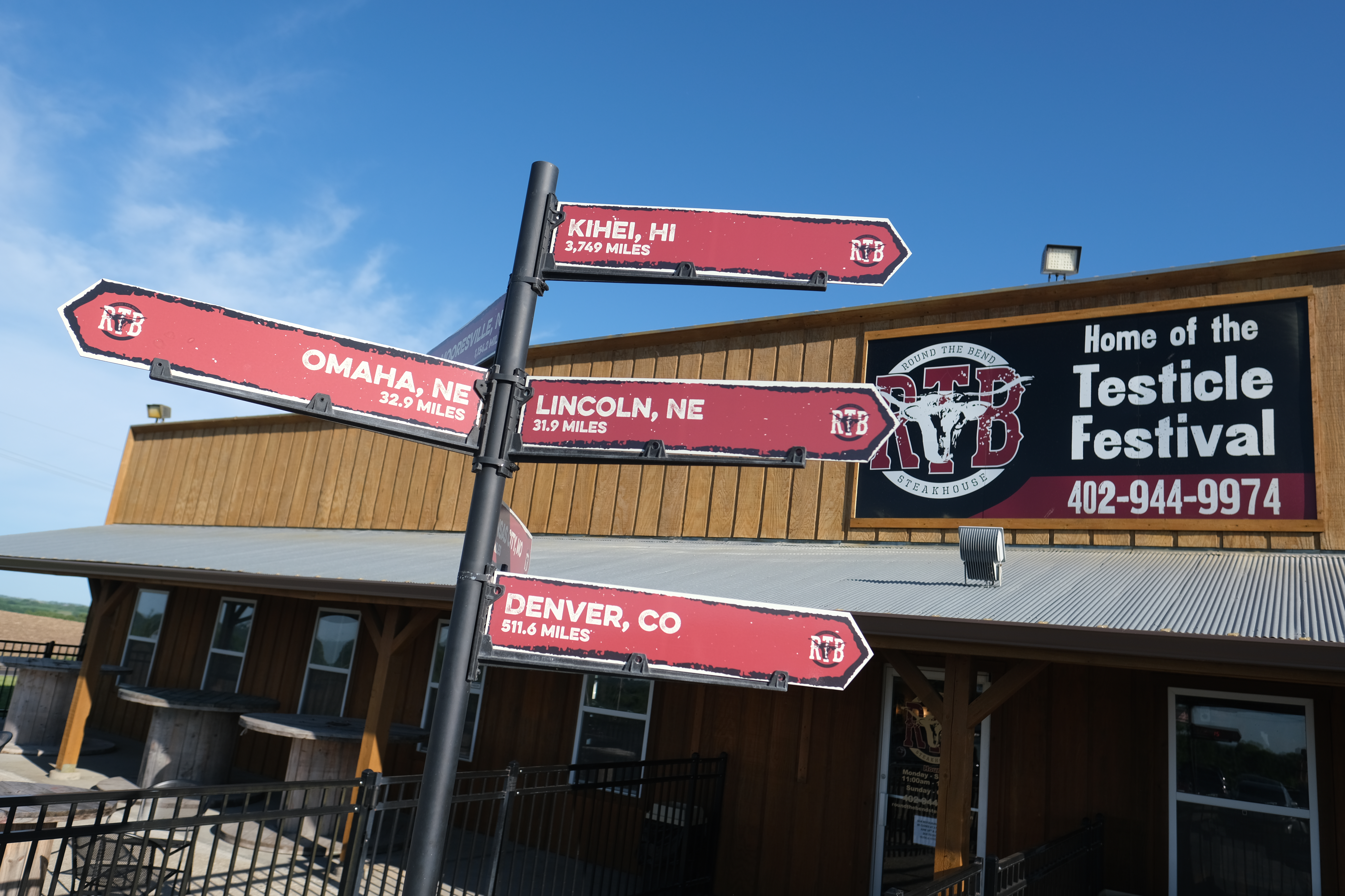 The exterior of Round the Bend Steakhouse with a directional sign out front.