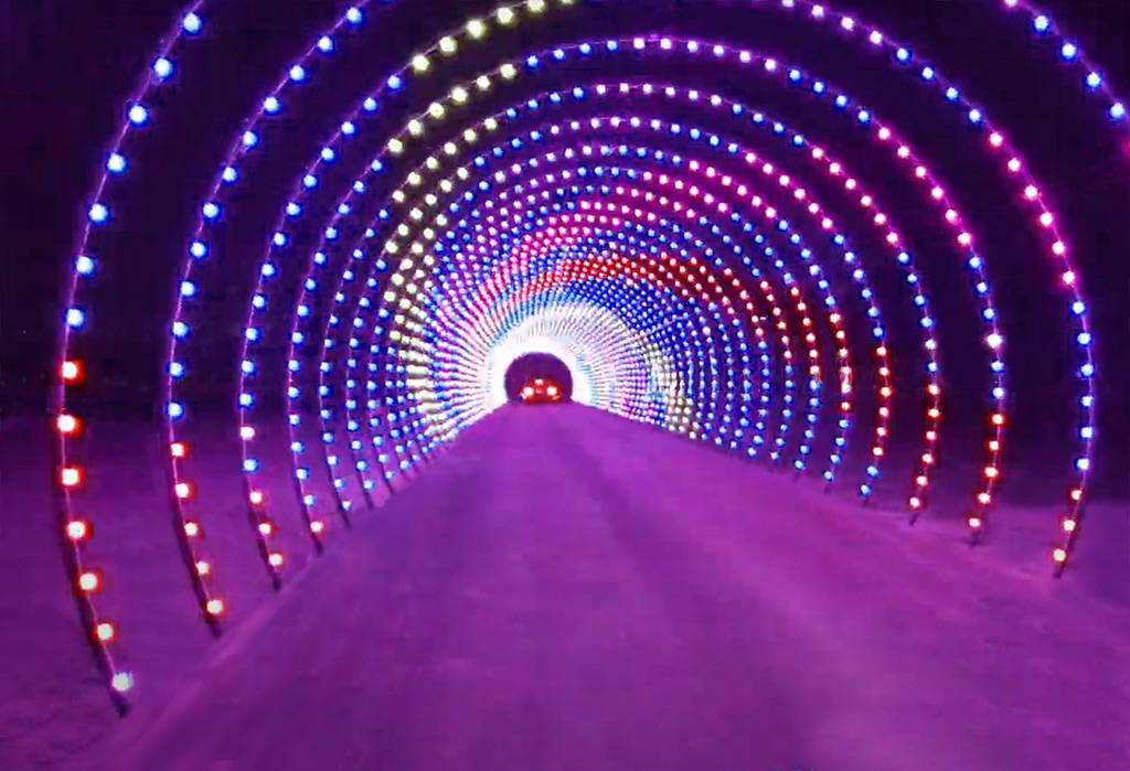 A drive-through tunnel of holiday lights at Santa Rock N Lights.
