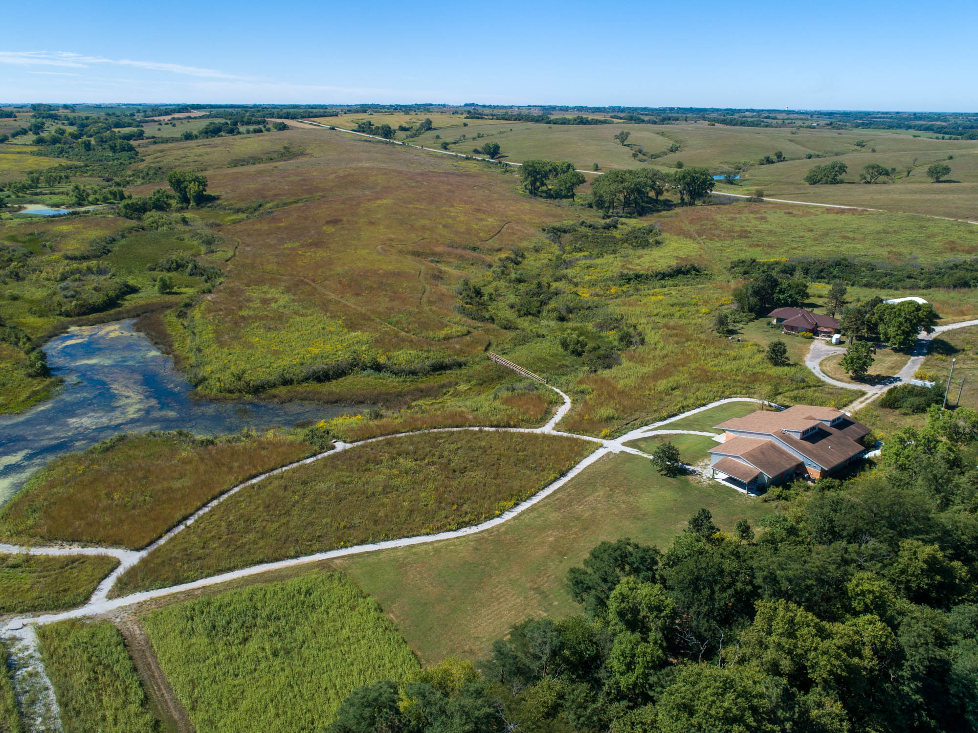An aerial view of Spring Creek Prairie Audubon Center near Denton.