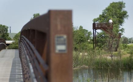 A bridge and a blind at Crane Trust Nature & Visitor Center in Wood River, Nebraska.
