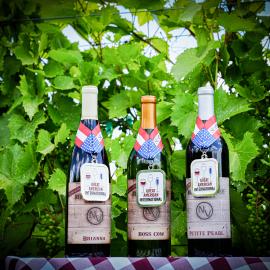 Three wine bottles on display.