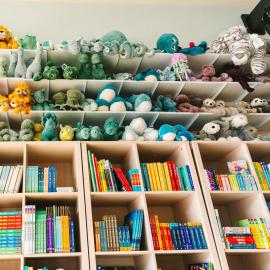 Toys and books on display.